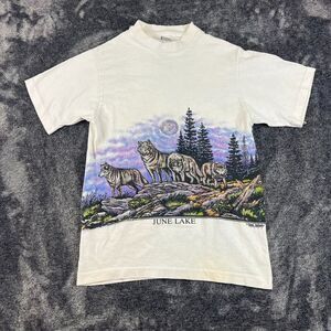 Vtg 90's Anvil Nature June Lake Wolves AOP Youth T-Shirt Single Stitch S